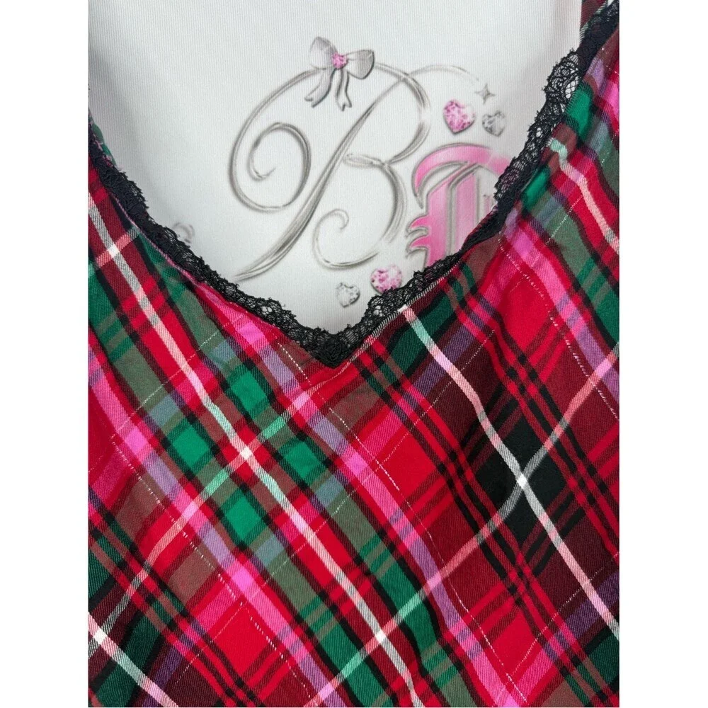 Victoria's Secret dress Red Plaid Satin Chemise with Green & Black Accents
